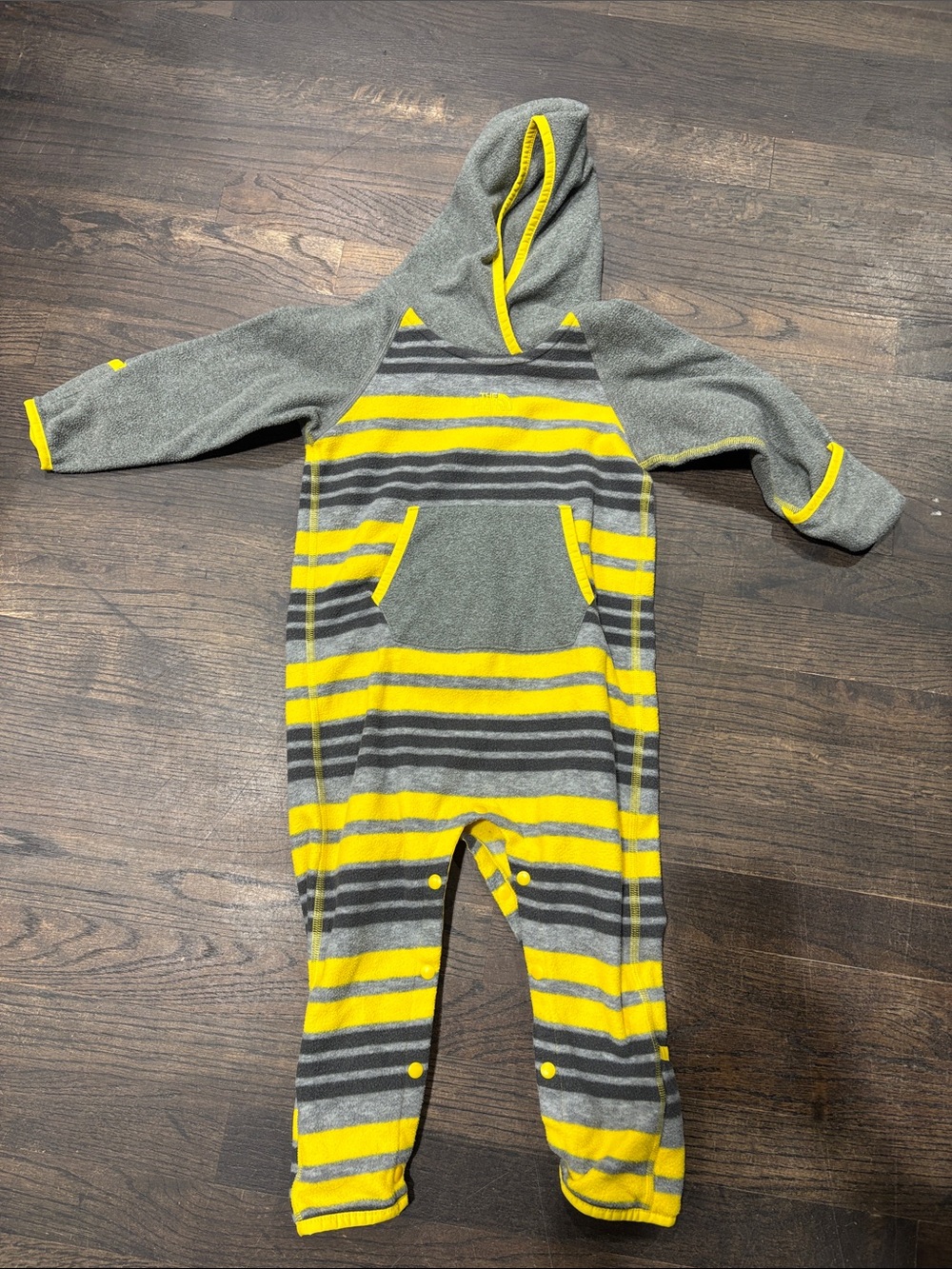 The North Face Gray and Yellow Striped Hooded Fleece One-Piece
